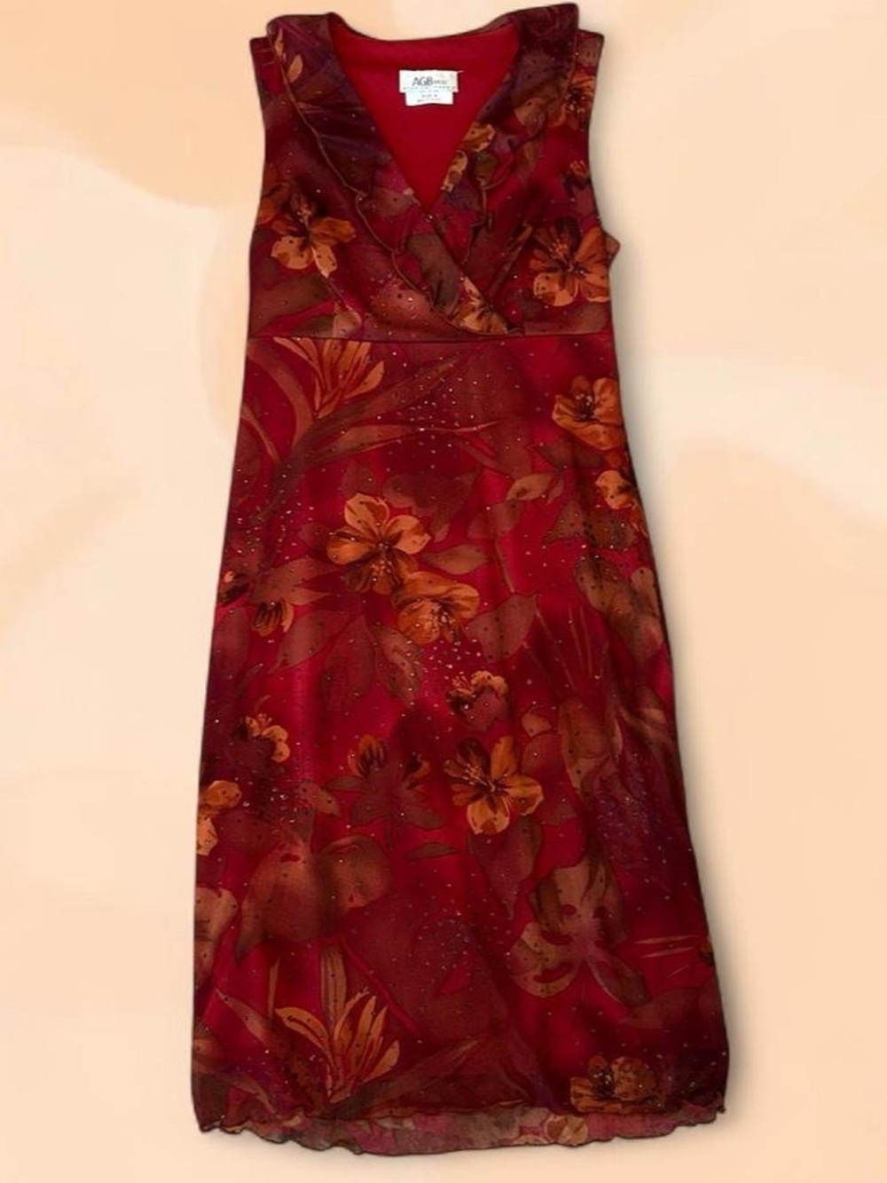 VTG Y2K Floral Midi Dress Ruffle V-Neck Red SZ 6 2000s